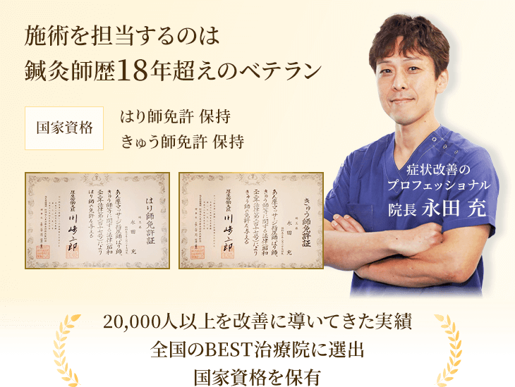 施術を担当するのは鍼灸師歴18年超えのベテラン 20,000人以上を改善に導いてきた実績全国のBEST治療院に選出国家資格を保有